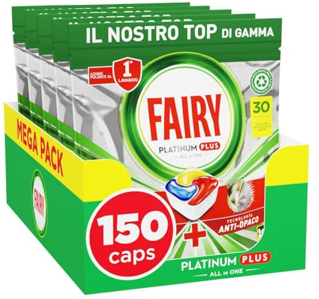 Fairy Platinum Plus Pastiglie Lavastoviglie, 150 Capsule, Limone, Detersivo Con Tecnologia Anti-Opaco, Contro Grasso e Incrostazioni Ostinate Anche nei Cicli Brevi