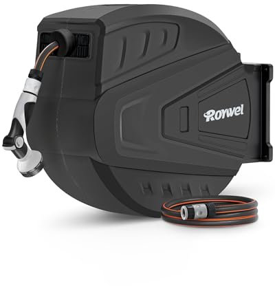 Roywel Auto Reel Garden Hose 30M,Hose Reel Wall Mounted,Auto Rewind, Self-Locking System,180° Pivotal with Multifunction Spray Nozzle
