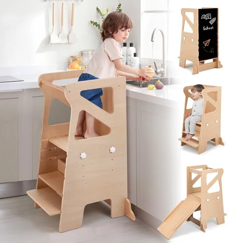 Labebe Lernturm für Kinder, Montessori Learning Tower mit Rutsche, 4-in-1 Verstellbare Höhen Lernturm mit Kreidetafel, Multifunktion Kinder Lernstuhl Tritthocker für Küchentheke