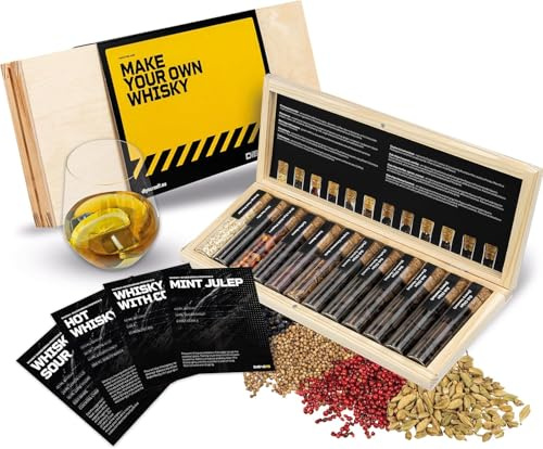 DIBYS Lot de 12 mini bouteilles d'épices à whisky pour cocktails DIY avec 4 cartes de recettes, lexique d'épices et boîte en bois, coffret cadeau pour hommes et femmes, accessoires pour faire soi-même