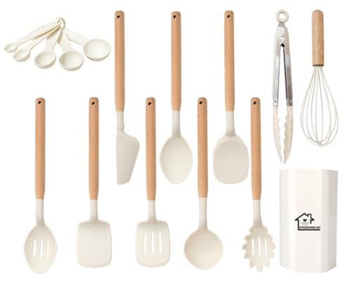 Küchenhelfer-Set 16-teilig Silikon-Kochutensilien-Set mit Holzgriff, hitzebeständig antihaftbeschichtet Kochgeschirr Zange Spatel Löffel-Set beste Küchenutensilien mit (Beige)