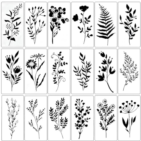 WUSJCOF 18 Piezas Plantillas de Hojas para Pintar Niños Reutilizables, Stencil para Pintar Textil, Muebles, Decoración de Arte de Pared, Decorativas, Dibujo (15 x 7.5 cm)