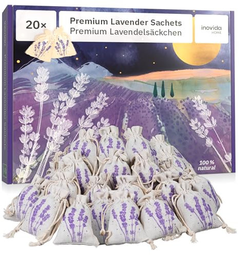 Lavendel Duftsäckchen Kleiderschrank: 20x Echter Lavendel getrocknet – Mottenschutz für Kleiderschrank – Duft für Kleiderschrank, Auto Duft und Raumduft – Schrank Duft – Inovida Stoff Lavendelsäckchen