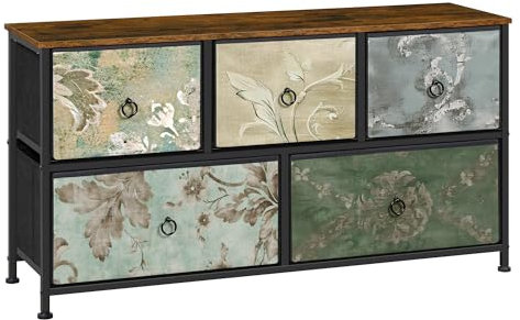 WOLTU Kommode mit 5 Schubladen aus Stoff, Schubladenschrank, TV Kommode, für Wohnzimmer Schlafzimmer Flur, Rustikales Braun mit Vintage-Blumenmotiv, 100x54x30 cm, SSK005pw