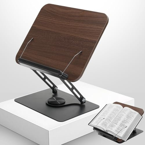 Buchständer zum Lesen,Verstellbarer Buchständer Holz Leseständer mit 360° drehbarem Sockel,Faltbar Buchhalter mit Seitenclip,Kochbuchhalter für Tablet,Rezept,Zeitschrift,Kindle