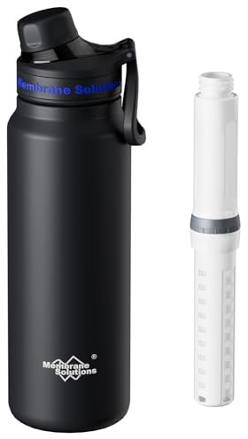 Membrane Solutions C3 Outdoor Wasserfilter Flasche, 900ml(32oz) Edelstahl Trinkflasche mit entnehmbarem Filter, 0,1 μm Filtergenauigkeit, 4000l Filterkapazität, Camping, Survival, Notfall, Schwarz