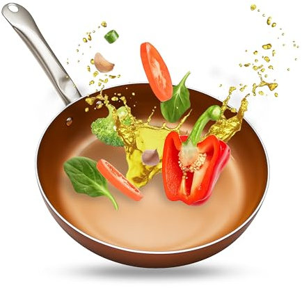 Pfanne 28 cm mit Kupferbeschichtung - Bratpfanne Induktion für alle Arten von Küchenoberflächen - Kupferpfanne aus 2,5 mm Starkem Aluminium - Pfanne Antihaftbeschichtet mit hohe Wärmeleitfähigkeit