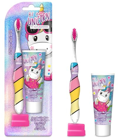 NATURAVERDE Kids -BE A UNICORN Kit Oral Care, Spazzolino Bambini Morbido e Dentifricio Gusto Fragola e Caramello 25ml