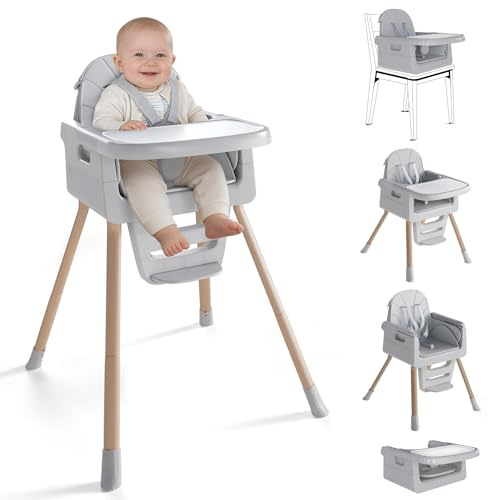 EverKiddo Baby High Chair for 6 Months+, Foldable High Chairs for Babies and Toddlers, Convertible High Chair, Adjustable Tray & Footrest, Portable High Chair & Easy to Clean(Grey with Wood Grain)