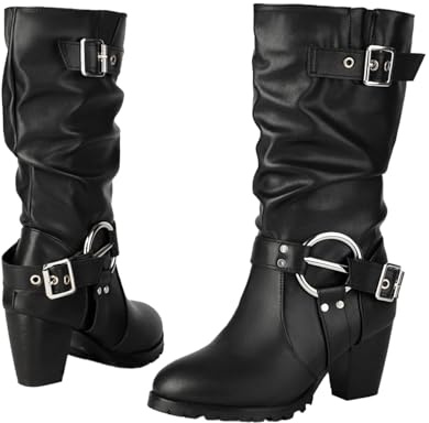 Bottines Pour Femme, Élégantes Confortables Cuir Synthétique Mi-Mollet Avec Talon Carré Et Boucle Style Chevalier Grande Taille Bout Rond Bottines Motardes Pour Soirées En Plein Air,Noir,42 EU
