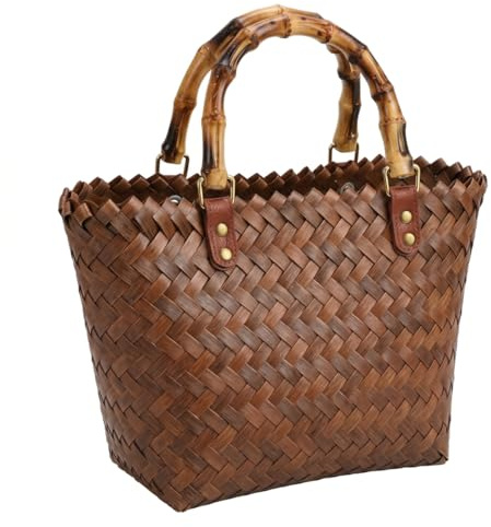 Neptuiby vävd väska, handvävd vävd strandväska för kvinnor med bambuhandtag, stor kapacitet bruna korgväskor 30 cm x 7,9 cm tygväska