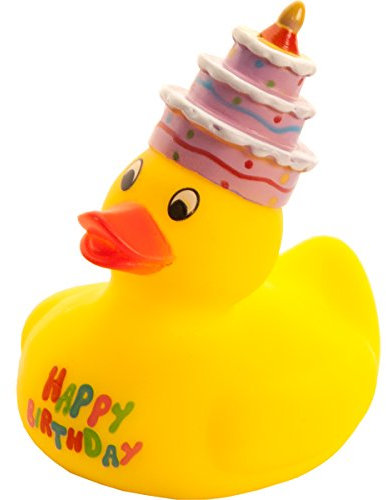 MC-TREND Quietscheente „Happy Birthday“ – Gelbe Badeente mit Geburtstagstorte und Schriftzug, ca. 10 cm groß, witzige Deko & Geschenkidee für Geburtstage und Partys (1 Badeente)