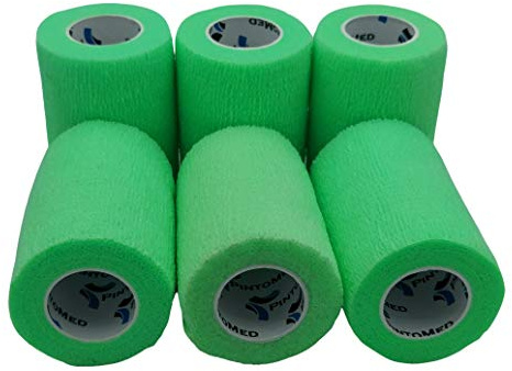 PintoMed Bendaggio Coesivo - 6 x VERDE NEON - garza elastica - 6 rotoli x 7,5 cm x 4,5 m autoadesiva flessibile bende, primo soccorso - Wrap Cohesive Bandage - Confezione da 6
