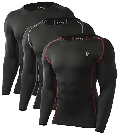 Runhit 3 Pack Compression Shirts for Men Long Sleeve UPF 50+ Athletic Workout T-Shirts Sports Thermal Base Layer Undershirt Top L Black/Black Red/Black Gray