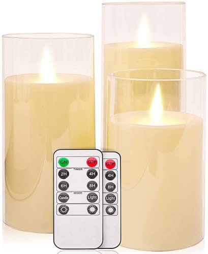 salipt LED Flameless Candles, Battery Operated Flickering Candles, Moving Flame Electric Candle Sets Glass Effect with Remote Timer, Set of 3, H 4 5 6 - ‎Ivory