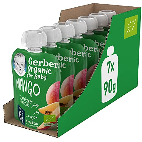 GERBER Organic Mango, Bolsita Puré de Fruta para Bebés, 7x90g, a partir de 6 meses