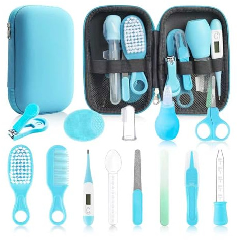 Kit för bebissjukvård och skötsel, 14-i-1, babysäkerhetsset, nyfödd, barnkammare, hälsovård, set med hårborstfjäll nagelklippare för babyflickor, pojkar (blå 14-i-1)