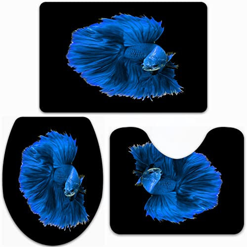 URSOPET Badteppich-Set 3-teilige, rutschfeste,Bunte ausgefallene Blue Dragon Siamese Fighting Fish Betta Aggressive Crown,rutschfeste Badematte, U-förmiger Konturteppich und Toilettendeckel