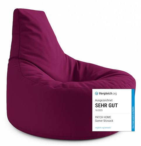 PATCH HOME Gamer kudde & lounge sittsäck fåtölj sittdyna sittsäckar gaming, redo med frigolitfyllning lämplig för inomhus- och utomhusbruk (vinröd, Ø 65 cm x höjd 70 cm junior)