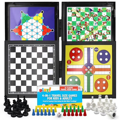 SOL 4-in-1 Travel Games for Adults & Kids with Snakes & Ladders, Chess, Ludo Style Flying Chess & Draughts Checkers, Mini Magnetic Board, Compact for 8-12, Small Compendium for Car & Plane Activities