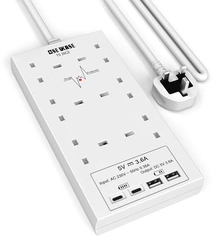 Extension Lead with USB Slots, 6 Way Socket Surge Protection with 4 USB Charger(2C+2A) Multi Plug 2990W Safety Shutter with 1.8M Extension Cord for TV PC Laptops Tablets