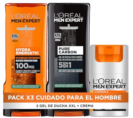 L'Oreal Paris Men Expert Confezione da routine da uomo con crema idratante anti-fatica 24h Hydra Energetic, gel doccia Hydra Energetic, gel doccia Pure Carbon Multiazione 5 in 1
