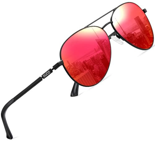 DUCO Cool Polarisierte Sonnenbrille Herren Klassische Unisex Fliegerbrille UV400 Filter Kategorie 3 3025K (Gestell: Schwarz, Gläser: Rot)