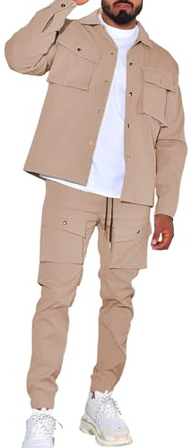 amropi Uomo Completi 2 Pezzi Giacca Bottone e Pantaloni Cargo Tuta da Ginnastica con Tasche Marrone, L