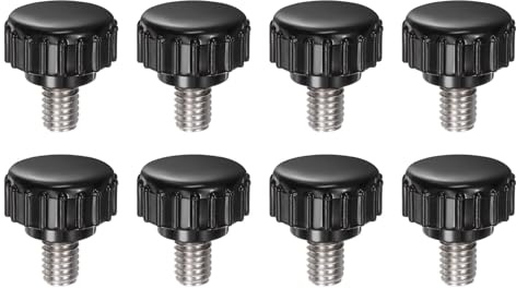 QUARKZMAN 8pz Manopole di Serraggio Zigrinate M6 x 8mm Metrico 304 Acciaio Inossidabile Filettatura Maschio Vite a Testa Zigrinata 18mm Testa Rotonda Plastica Filettata Bullone a Mano Nero
