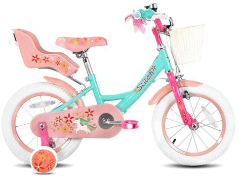 STITCH Einhorn 14 Zoll Kinderfahrrad für 3-5 Jahre Mädchen, Kinderfahrrad mit Puppenfahrradsitz & Stützrädern& Korbstreamer, Grün