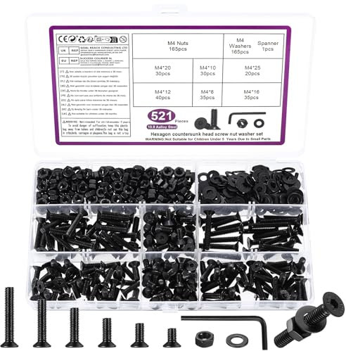 521 Pcs Vis M4, Vis Boulons et écrous Set, Vis à Tête Fraisée à Tête Hexagonale et écrous avec Rondelles Kit, Boulons Vis à Tête Plate à Six Pans Creux, Noir, avec Clés Hexagonales
