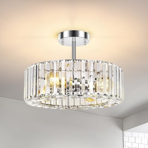 FRIDEKO HOME Modern Chrome Chandeliers Ceiling Light Fixture 4-Lights Round | Crystal lampshade，E27 Base, LED Light Fittings Ceilings for Bedroom, Living Room, Hallway, Kitchen