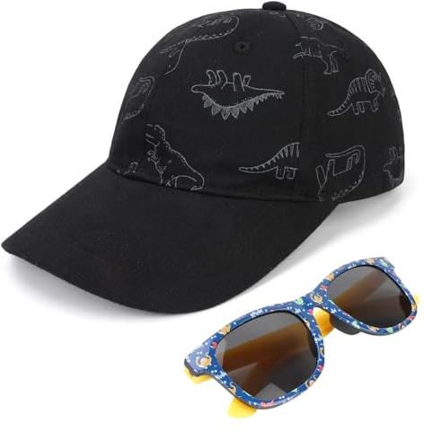 QKURT Gorra de Béisbol y Gafas de Sol de Dinosaurio para Niños y Niñas, Gorra de Camionero de Verano, Gafas de Sol con Protección UV para Niños de 2 a 8 Años