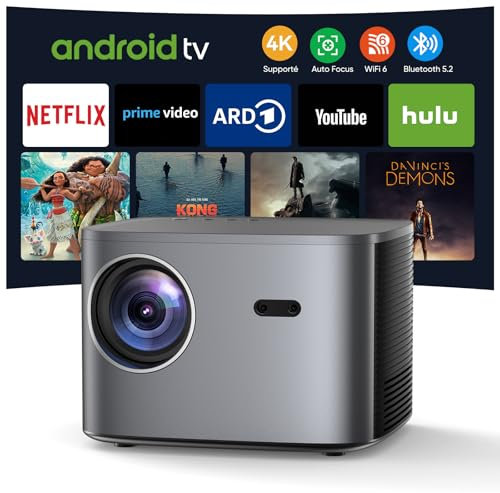 Proiettore 4K 【Netflix & Autofocus】 Auto Keystone, Proiettore 4K WiFi6 Bluetooth 28000 lumen 1080P Full HD con Zoom 50%, Specchio con Android TV, HDMI/USB/Ethernet per Phone/PS5/PPT