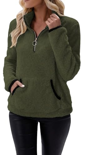 Women's Cardigans Women's Sherpa Fleece Pullover Casual Loose Half Zip Long Sleeve Fluffy Soft Sweatshirts Oversized Plus Size Trendy Winter Relaxed Fit Warm Outwear with Pockets Green