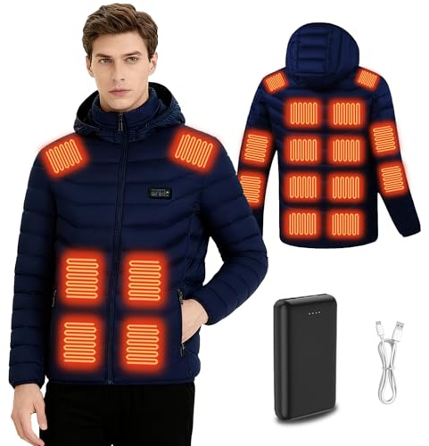 Giacca Riscaldato con Cappuccio, Giacca Invernale Uomo Donna Calda con 3 Livelli di Temperatura, Alimentazione a Batteria, Piumino Riscaldato per Caccia (IT, Testo, XXL, Regular, Regular, Blue)