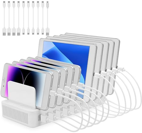 HISUEKIG Stazione di Ricarica USB C, 10 Porte Multipla Caricabatteria con Divisori Regolabili Rimovibili, Protezioni Surriscaldamento, Sovraccarico, Sovratensione e Cortocircuiti