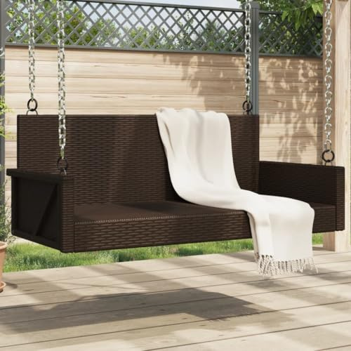LoogCape Banc suspendu marron 119 x 56 x 48 cm en rotin synthétique avec anneaux de fixation - Banc de jardin pour balcon et terrasse - Banc à bascule jusqu'à 110 kg