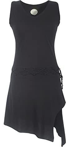 Vishes - Alternative Bekleidung - Ärmelloses Kleid asymmetrisch Beinausschnitt Gürtel-Schnürung Bio-Baumwolle schwarz 40