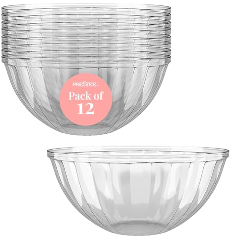 Prestee 12 Pack Clear Plastic Serving Bowls - 53 Oz Round Reusable and Disposable Bowls for Parties and Events - Sturdy and Durable Plastic Bowl for Serving Food, Salads, Snacks, Chips, and Candies