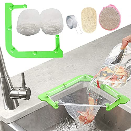 Kitchen Sink Triangle Tri-Holder Filter, Drain Strainer, with a Green Rack and 100PCS Large Size Mesh Bags