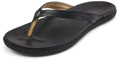 OluKai Honu Women's Beach Sandal, Soft & Comfortable Full-Grain Leather, Easy Slip-On Flip-Flops, Everyday, All-Day Comfort & Style, Black/Black, 9
