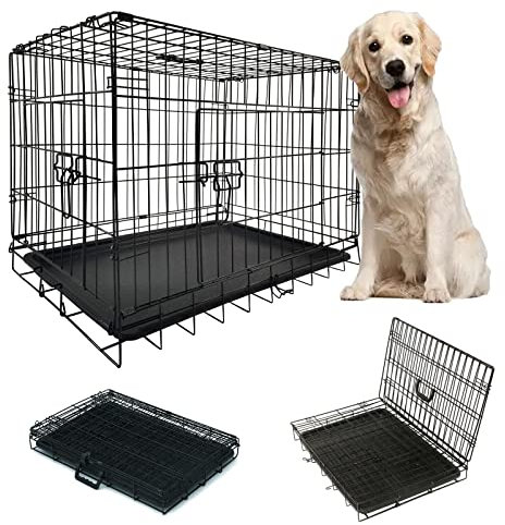 Dog Crate Medium Size Puppy Crate Large Dog Cage for Car Boot, 2 Door 2 Locks Puppy Playpen with Non-Chew Metal Removable Base Tray, Steady Handle Easy to Carry/Transport, 30-inch Black