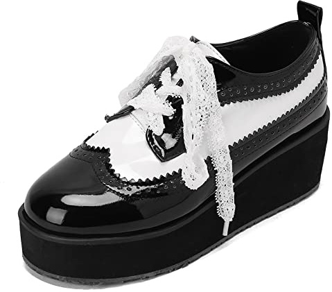 Lizoleor Femmes Dentellets Mode Cuir Verni Richelieu Plateforme Compensées Chaussures Closed Toe Décontractée Chaussures Classique Bureau Chaussures Noir&Blanc Taille 37 EU/38Cn