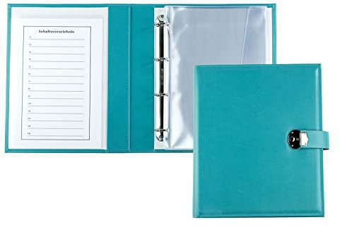 DELMON VARONE - Premium Ringbuch-Ordner DIN A4 mit Schloss aus veganem Eco Kunstleder - handgefertigte Dokumenten-Mappe Türkis - Akten- & Zeugnis-Mappe - Ringbuch-Mappe für Dokumente Urkunden & Akten