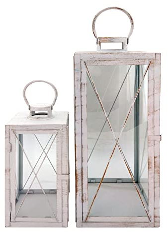 Rebecca Mobili Set De Farolillos Decorativos Grandes, 2 Portavelas, Blanco Dorado, Metal PVC, para Hogar Balcón Jardín - Medidas AxANxFON: 55,5 x 22,5 x 22,5 cm - Art. RE6823