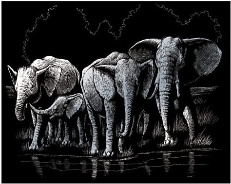 Pracht Creatives Hobby Royal & Langnickel - Kratzbild Elefantenherde, Silber, Kratzbilder für Kinder und Erwachsene, mit Kratzstift und Vorlage