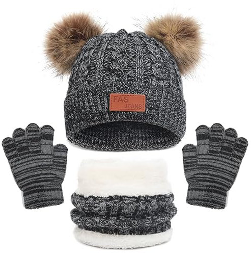 LINSOCLE 3-in-1 Kinder Wintermütze, Schal & Handschuhe Set - Warme Mütze & Beanie Hut für Jungen 2-6 Jahre