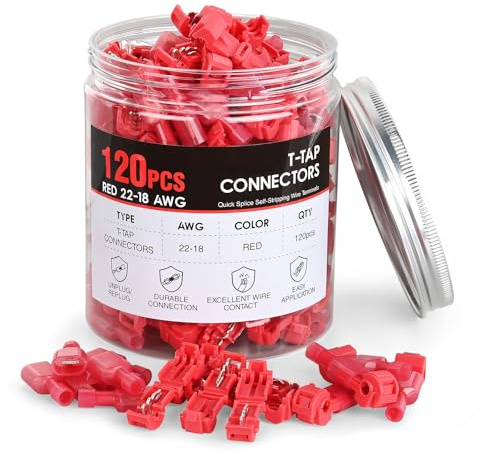 Nilight 120PCS/60 Pairs Quick Splice Disconnect Wire Terminals T-Tap Spade Connectors Red 22-16 AWG Male Female Fully Insulated Electrical Wire Crimp Self-Stripping Kit