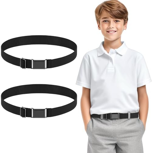 TIESOME 2PCS Adjustable Kids Elastic Belts, Stretch Waist Belts Black Metal Square Buckle Boys Belt for Pants Jeans Uniform (Black)